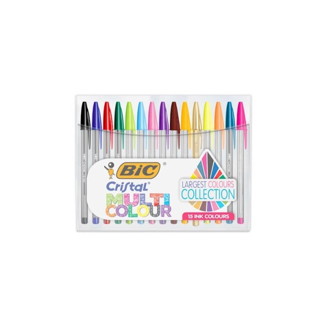 Lot de 15 Stylos bille BIC Cristal transparent- 1,6mm - Assortis multicolores